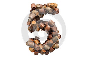 Number 5 from wooden barrels, 3D rendering