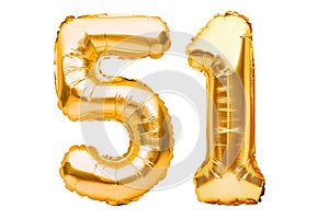 Number 51 fifty one made of golden inflatable balloons isolated on white. Helium balloons, gold foil numbers. Party decoration,