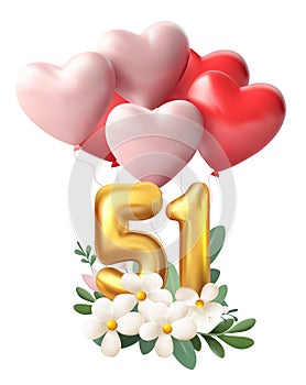 Number 51 with heart shaped balloons, flowers and leaves. Vector illustration