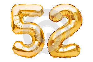 Number 52 fifty two made of golden inflatable balloons isolated on white. Helium balloons, gold foil numbers. Party decoration,