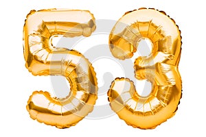 Number 53 fifty three made of golden inflatable balloons isolated on white. Helium balloons, gold foil numbers. Party decoration,