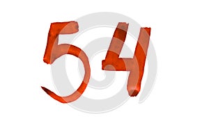 The number 54, painted with a brush in watercolor. Vintage symbol