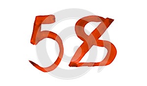 The number 58, painted with a brush in watercolor. Vintage symbol