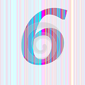 number 6 of the alphabet made with stripes with colors purple, pink, blue, yellow