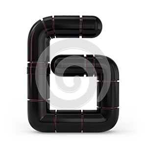 Number 6. Digital sign. Metallic futuristic black font. 3d