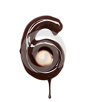 Number 6 with dripping drop is made of melted chocolate, isolated on white background