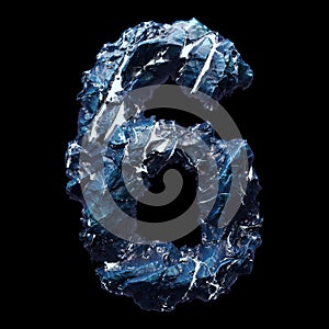 Number 6 made of ice on black background. 3d