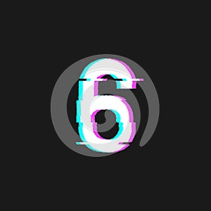 Number 6 or Sixth with Glitch Effect Style for Countdown, Poster, Flyer, Banner. Vector Flat