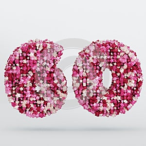 Number 60 3D Text Illustration, Digits With Pink And Cream Colors Stars, 3D Render