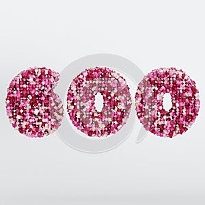 Number 600 3D Text Illustration, Digits With Pink And Cream Colors Stars, 3D Render In 4K Resolution