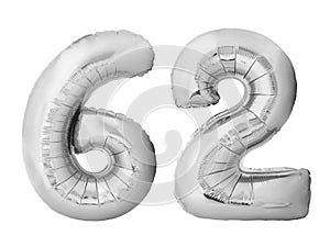 Number 62 sixty two made of silver inflatable balloons isolated on white background