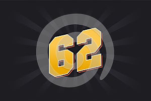 Number 62 vector font alphabet. Yellow 62 number with black background