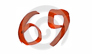 The number 69, painted with a brush in watercolor. Vintage symbol