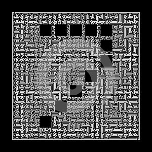 Number 7 in the maze frame. Labyrinth technical letters linear style font. Illustration isolated on black