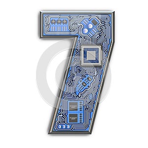 Number 7 seven, Alphabet in circuit board style. Digital hi-tech letter isolated on white