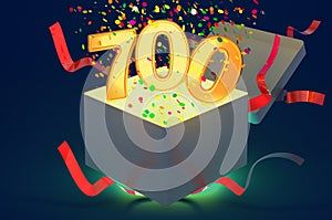 Number 700 inside gift box with confetti and shiny light, 3D rendering