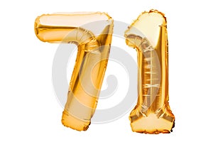Number 71 seventy one made of golden inflatable balloons isolated on white. Helium balloons, gold foil numbers. Party decoration,