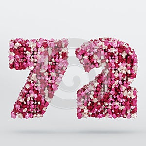 Number 72 3D Text Illustration, Digits With Pink And Cream Colors Stars, 3D Render
