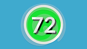 Number 72 sign symbol animation motion graphics on green sphere on blue background
