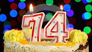 Number 74 Happy Birthday Cake Witg Burning Candles Topper.