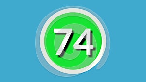 Number 74 sign symbol animation motion graphics on green sphere on blue background