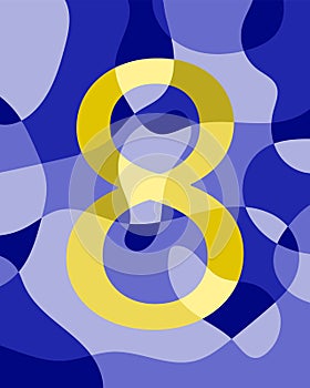 Number 8 of abstract smooth rounded shapes. Contrasting yellow number on a blue background