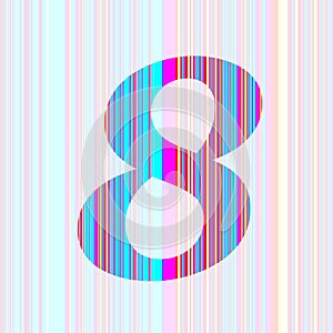 number 8 of the alphabet made with stripes with colors purple, pink, blue, yellow