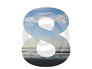 Number 8 of the alphabet made with water, beach, sky and a row of windmills