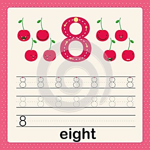 Number 8, card for kids learning to count and to write, worksheet for kids to practice writing skill, Vector illustration