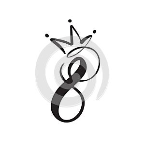 Number 8 with crown. Eight logo of March. For congratulation calligraphy text. Lettering for Womans Day. Can use for