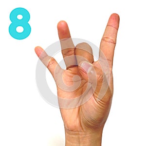Number 8 for the deaf sign language  . Finger spelling ASL. Hand gesture number eight