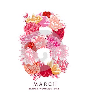 Number 8 design with flowers. 8 March greeting card, poster, placard template with roses, tulips.