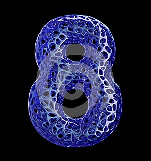 Number 8 eight made of blue plastic with abstract holes isolated on black background. 3d