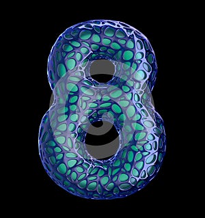 Number 8 eight made of blue plastic with abstract holes isolated on black background. 3d