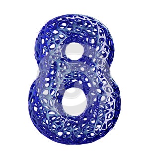 Number 8 eight made of blue plastic with abstract holes isolated on white background. 3d