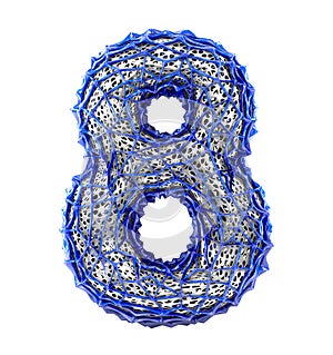 Number 8 eight made of blue plastic with abstract holes isolated on white background. 3d