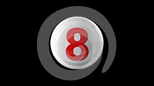 Number 8 on glossy white ball. 3d. 3D rendering. White ball on black background