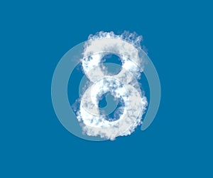 Number 8 made of light white cloud on blue sky background, cloudy alphabet - 3D illustration of symbols