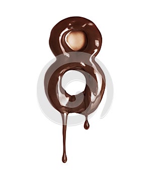 The number 8 is made of melted chocolate isolated on a white background