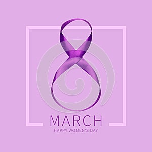 Number 8 from purple ribbon on light purple background with square frame. International Women`s Day. Concept of 8 March holiday.