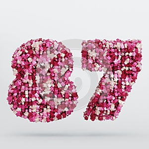 Number 87 3D Text Illustration, Digits With Pink And Cream Colors Stars, 3D Render