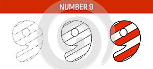 Number 9 Candy Cane, tracing and coloring worksheet for kids