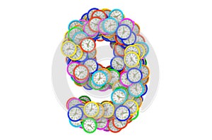 Number 9 from colored wall clocks, 3D rendering