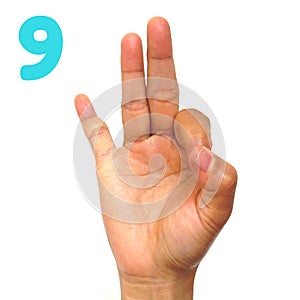 Number 9 for the deaf sign language  . Finger spelling ASL. Hand gesture number nine