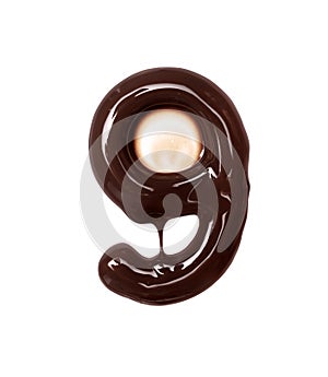 Number 9 with dripping drop is made of melted chocolate, isolated on white background
