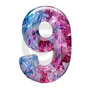 Number 9 Liquid font, nine gel digit isolated on white transparent