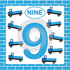 Number 9 nine, card. Learning numbers with transport, truck. Educational game for children