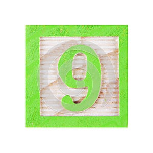 Number 9 nine childs wood block on white with clipping path