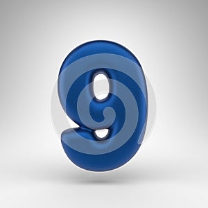 Number 9 on white background. Anodized blue 3D number with matte texture