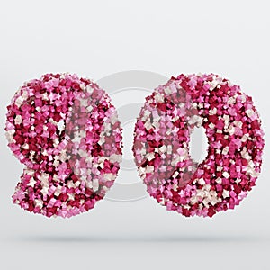 Number 90 3D Text Illustration, Digits With Pink And Cream Colors Stars, 3D Render